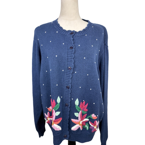 Segue Vintage Blue Floral Embroidered Button-Up Cardigan Sweater Size 1X - Picture 2 of 9